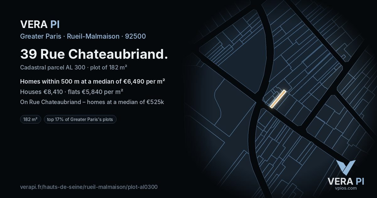 39 Rue Chateaubriand, Rueil-Malmaison at night – the plot lit, the parcels around coloured by the prices near them