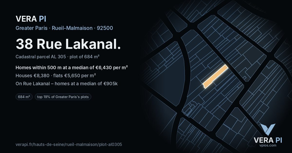 38 Rue Lakanal, Rueil-Malmaison at night – the plot lit, the parcels around coloured by the prices near them