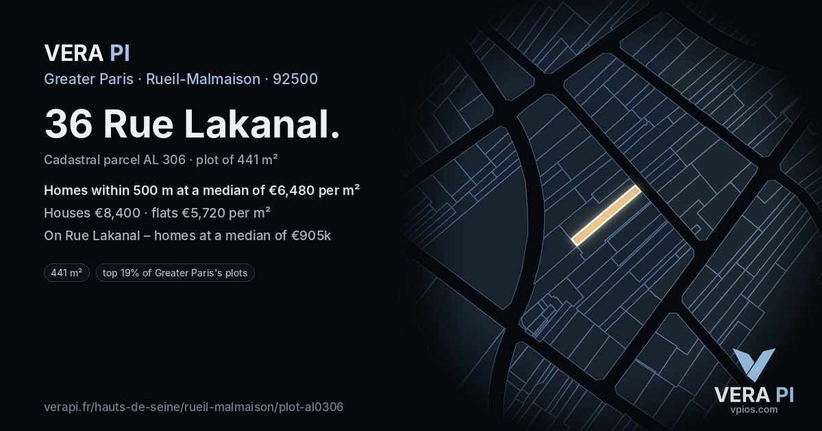 36 Rue Lakanal, Rueil-Malmaison at night – the plot lit, the parcels around coloured by the prices near them