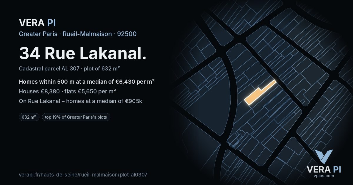 34 Rue Lakanal, Rueil-Malmaison at night – the plot lit, the parcels around coloured by the prices near them