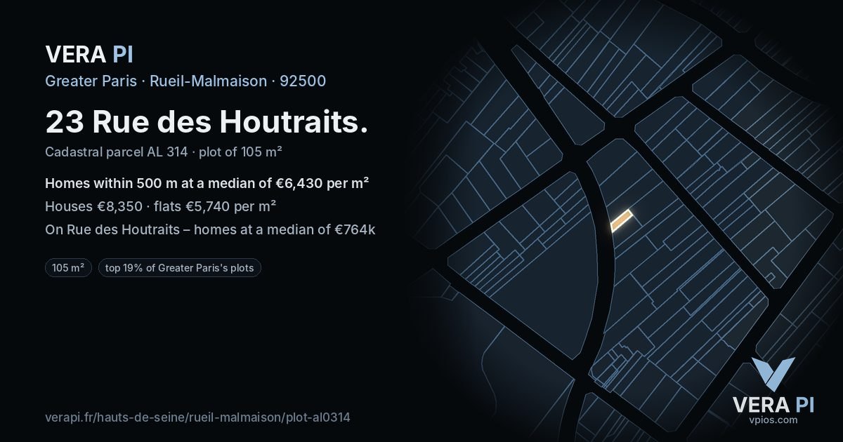 23 Rue des Houtraits, Rueil-Malmaison at night – the plot lit, the parcels around coloured by the prices near them