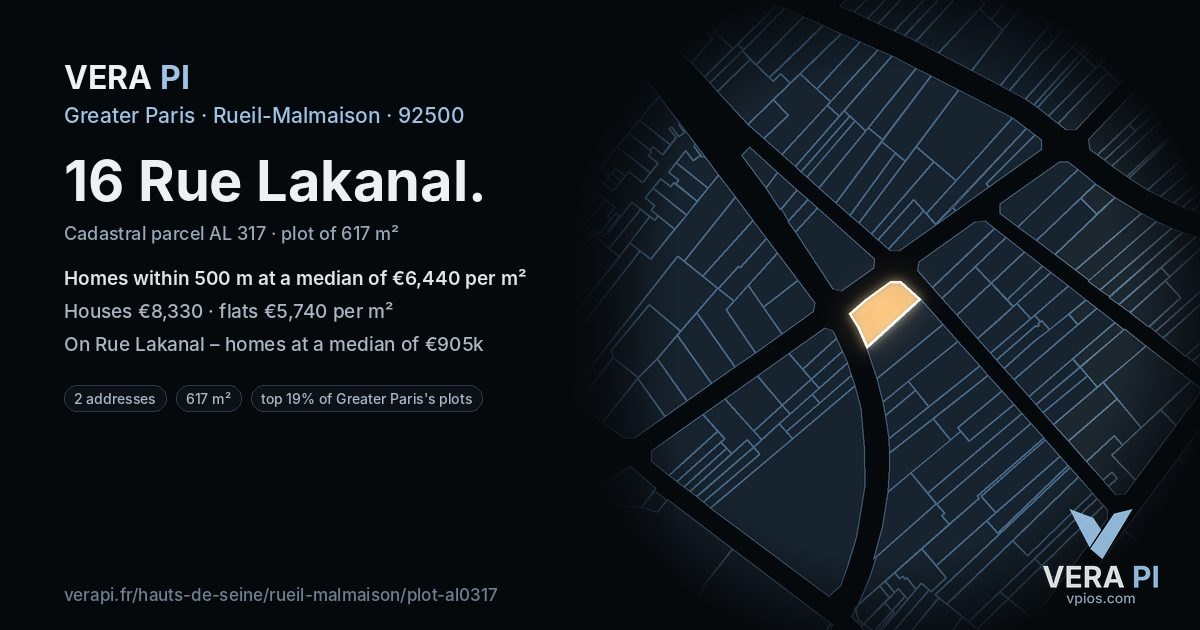 16 Rue Lakanal, Rueil-Malmaison at night – the plot lit, the parcels around coloured by the prices near them