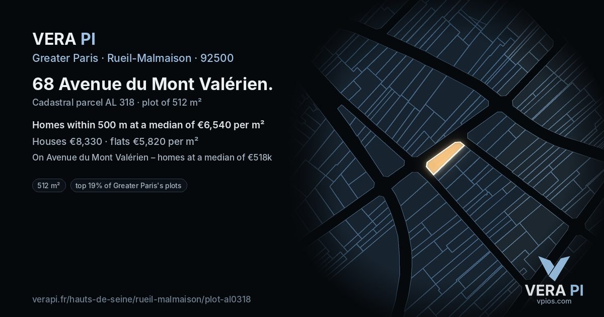 68 Avenue du Mont Valérien, Rueil-Malmaison at night – the plot lit, the parcels around coloured by the prices near them