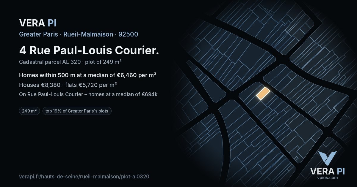 4 Rue Paul-Louis Courier, Rueil-Malmaison at night – the plot lit, the parcels around coloured by the prices near them