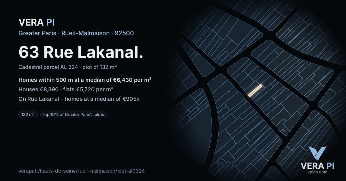 63 Rue Lakanal, Rueil-Malmaison at night – the plot lit, the parcels around coloured by the prices near them