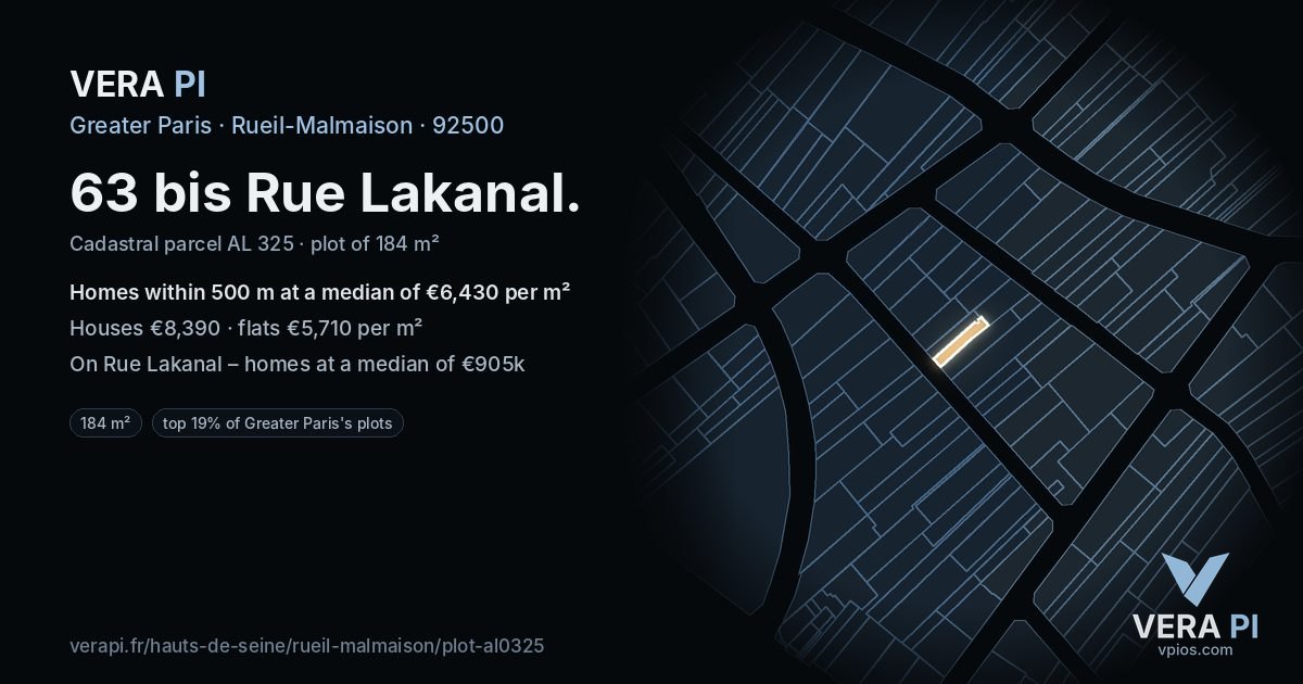 63 bis Rue Lakanal, Rueil-Malmaison at night – the plot lit, the parcels around coloured by the prices near them