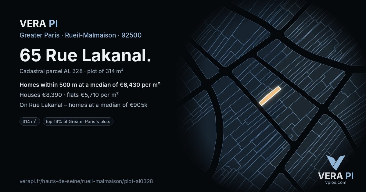 65 Rue Lakanal, Rueil-Malmaison at night – the plot lit, the parcels around coloured by the prices near them