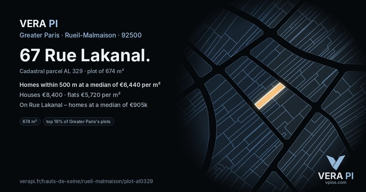 67 Rue Lakanal, Rueil-Malmaison at night – the plot lit, the parcels around coloured by the prices near them