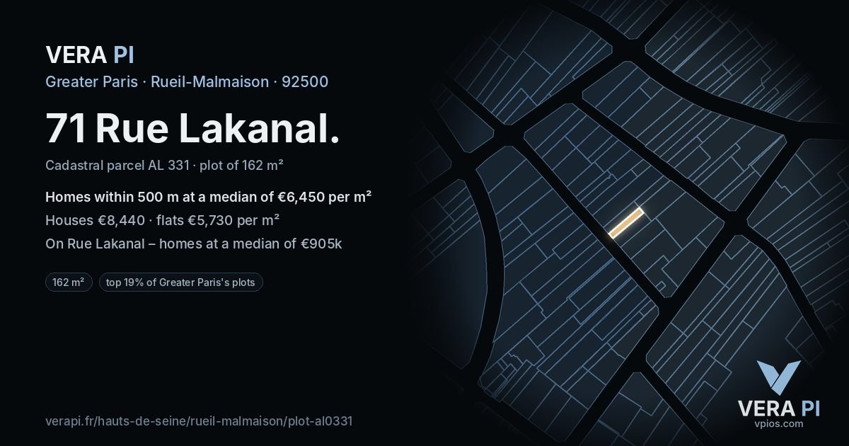 71 Rue Lakanal, Rueil-Malmaison at night – the plot lit, the parcels around coloured by the prices near them