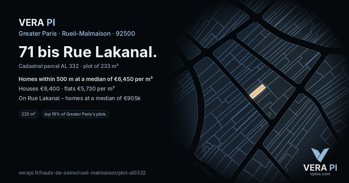 71 bis Rue Lakanal, Rueil-Malmaison at night – the plot lit, the parcels around coloured by the prices near them