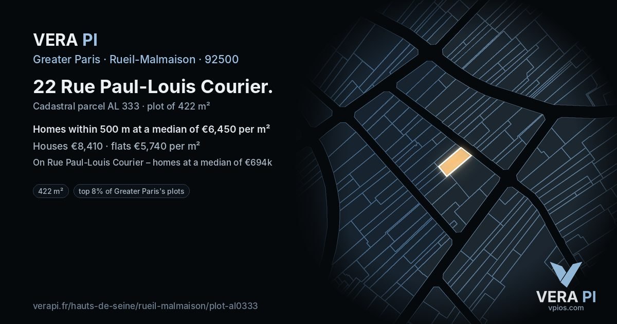 22 Rue Paul-Louis Courier, Rueil-Malmaison at night – the plot lit, the parcels around coloured by the prices near them