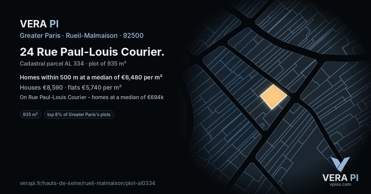 24 Rue Paul-Louis Courier, Rueil-Malmaison at night – the plot lit, the parcels around coloured by the prices near them