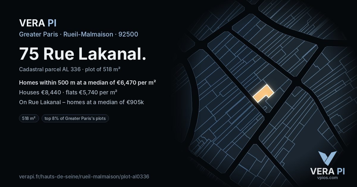 75 Rue Lakanal, Rueil-Malmaison at night – the plot lit, the parcels around coloured by the prices near them
