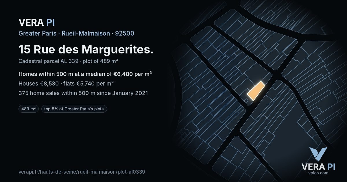 15 Rue des Marguerites, Rueil-Malmaison at night – the plot lit, the parcels around coloured by the prices near them