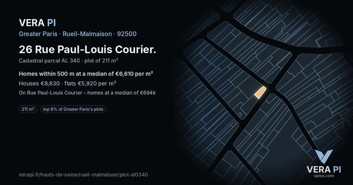 26 Rue Paul-Louis Courier, Rueil-Malmaison at night – the plot lit, the parcels around coloured by the prices near them