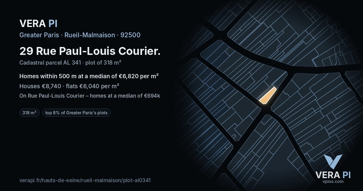 29 Rue Paul-Louis Courier, Rueil-Malmaison at night – the plot lit, the parcels around coloured by the prices near them