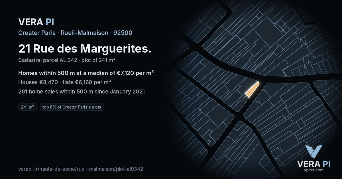 21 Rue des Marguerites, Rueil-Malmaison at night – the plot lit, the parcels around coloured by the prices near them