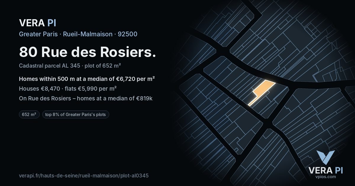 80 Rue des Rosiers, Rueil-Malmaison at night – the plot lit, the parcels around coloured by the prices near them