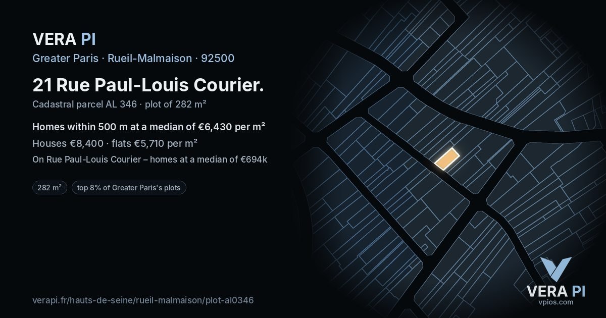 21 Rue Paul-Louis Courier, Rueil-Malmaison at night – the plot lit, the parcels around coloured by the prices near them