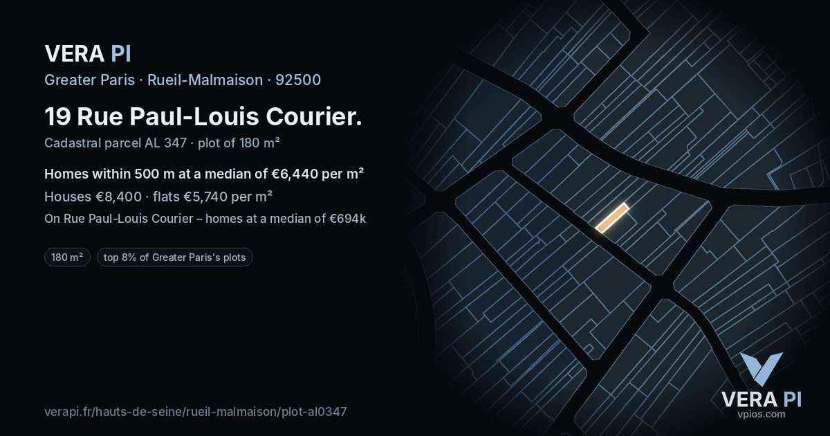 19 Rue Paul-Louis Courier, Rueil-Malmaison at night – the plot lit, the parcels around coloured by the prices near them