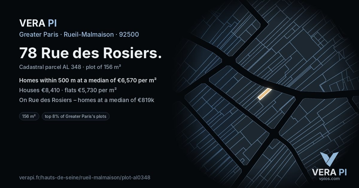 78 Rue des Rosiers, Rueil-Malmaison at night – the plot lit, the parcels around coloured by the prices near them