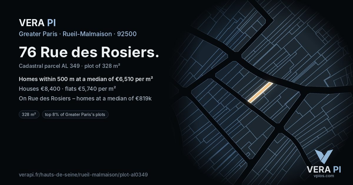 76 Rue des Rosiers, Rueil-Malmaison at night – the plot lit, the parcels around coloured by the prices near them