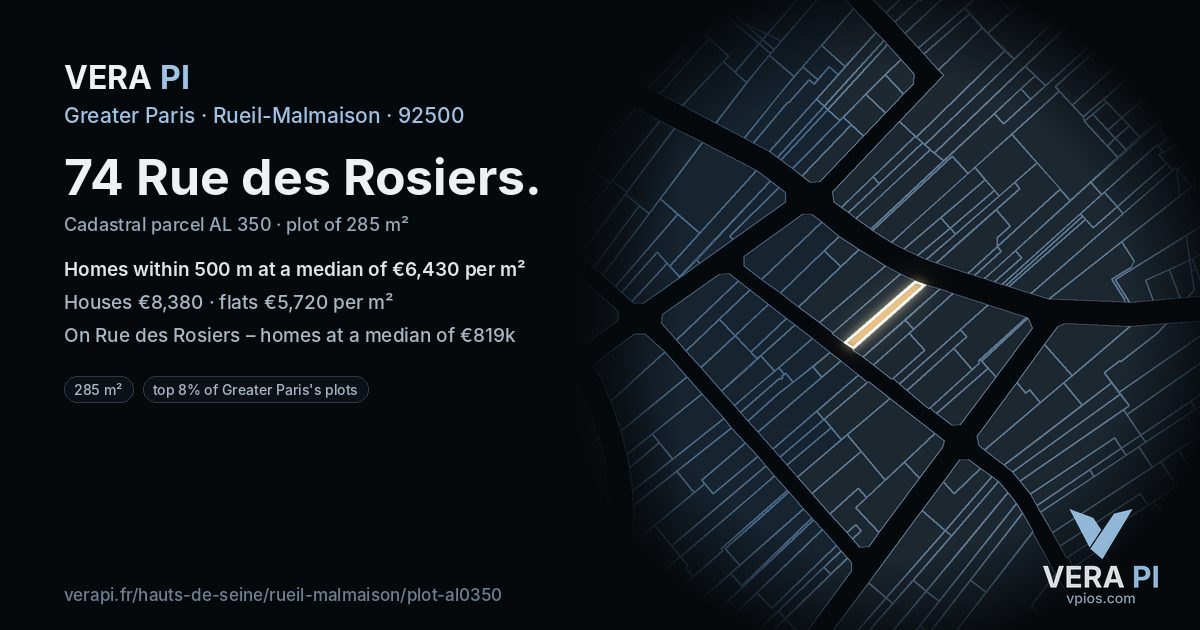 74 Rue des Rosiers, Rueil-Malmaison at night – the plot lit, the parcels around coloured by the prices near them