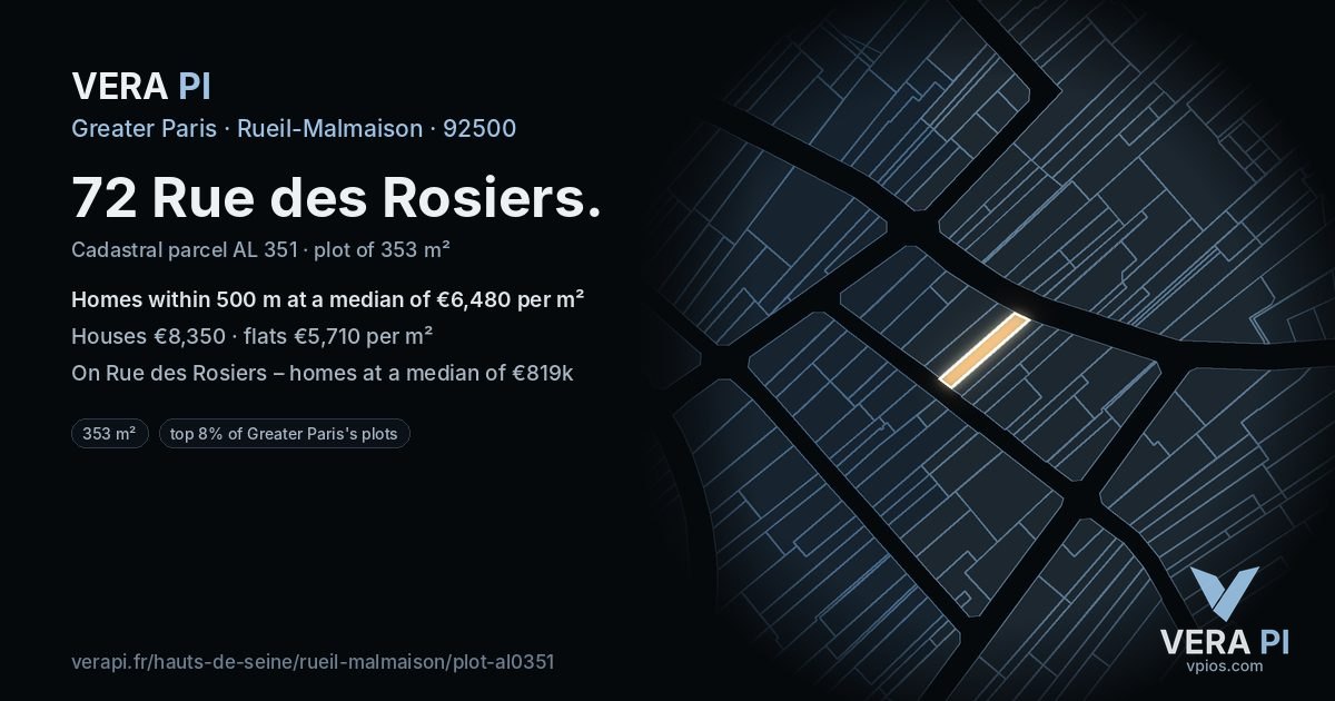 72 Rue des Rosiers, Rueil-Malmaison at night – the plot lit, the parcels around coloured by the prices near them