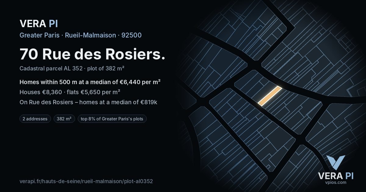 70 Rue des Rosiers, Rueil-Malmaison at night – the plot lit, the parcels around coloured by the prices near them