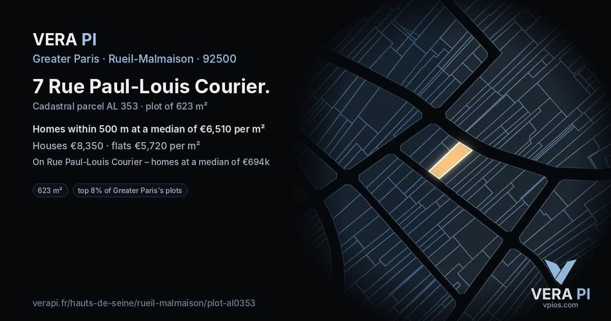 7 Rue Paul-Louis Courier, Rueil-Malmaison at night – the plot lit, the parcels around coloured by the prices near them