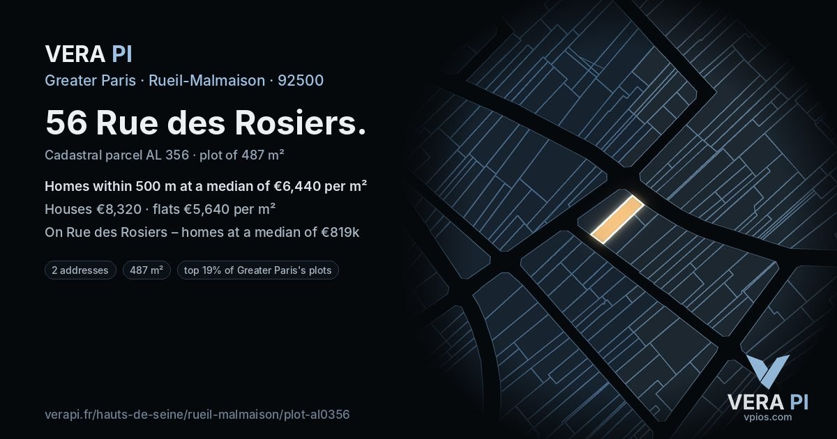 56 Rue des Rosiers, Rueil-Malmaison at night – the plot lit, the parcels around coloured by the prices near them