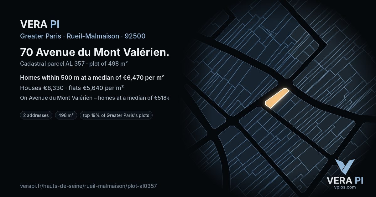 70 Avenue du Mont Valérien, Rueil-Malmaison at night – the plot lit, the parcels around coloured by the prices near them