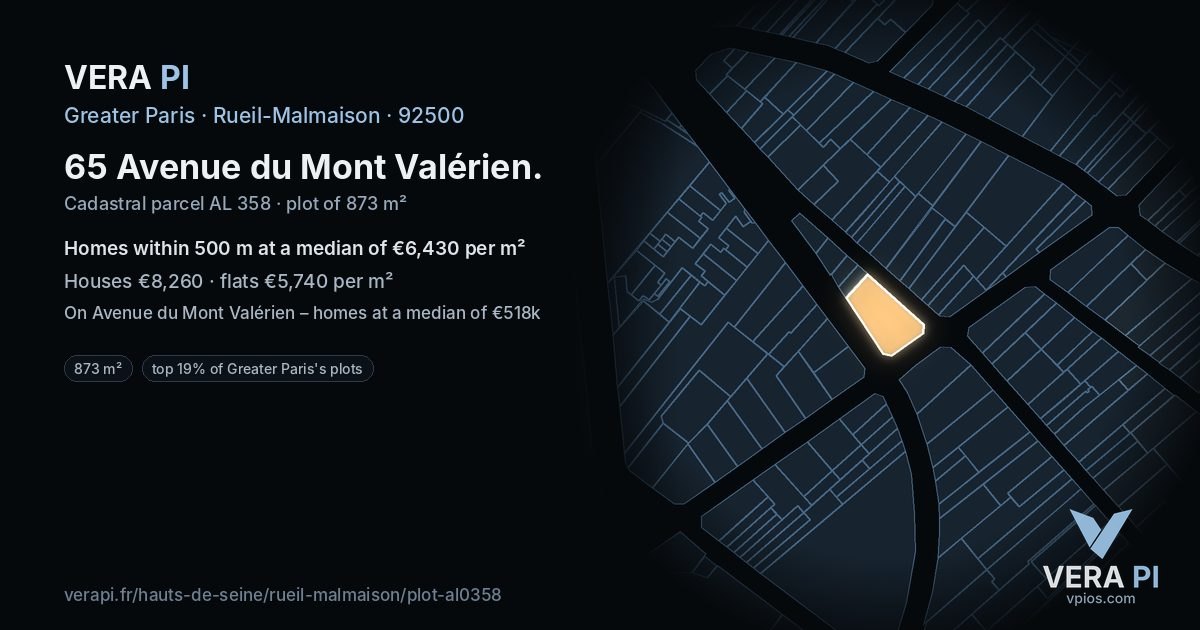 65 Avenue du Mont Valérien, Rueil-Malmaison at night – the plot lit, the parcels around coloured by the prices near them