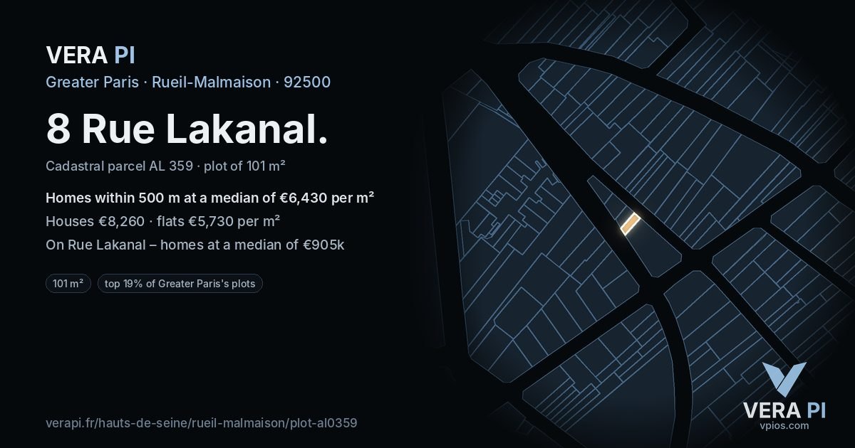 8 Rue Lakanal, Rueil-Malmaison at night – the plot lit, the parcels around coloured by the prices near them