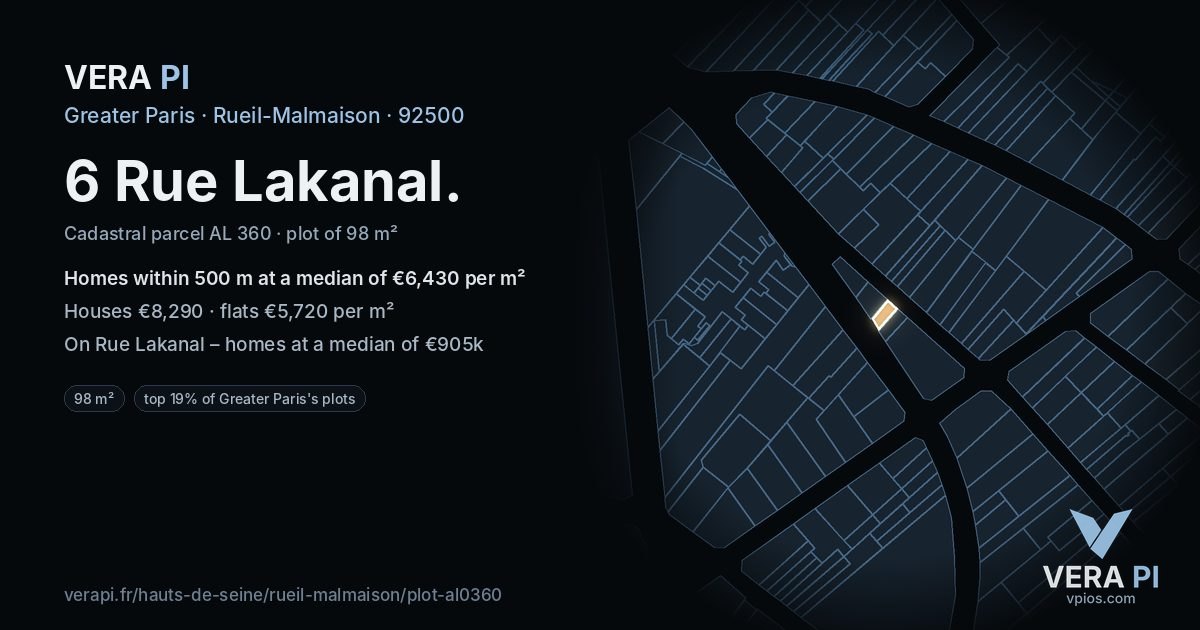 6 Rue Lakanal, Rueil-Malmaison at night – the plot lit, the parcels around coloured by the prices near them