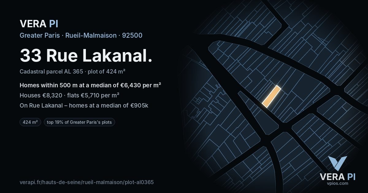 33 Rue Lakanal, Rueil-Malmaison at night – the plot lit, the parcels around coloured by the prices near them
