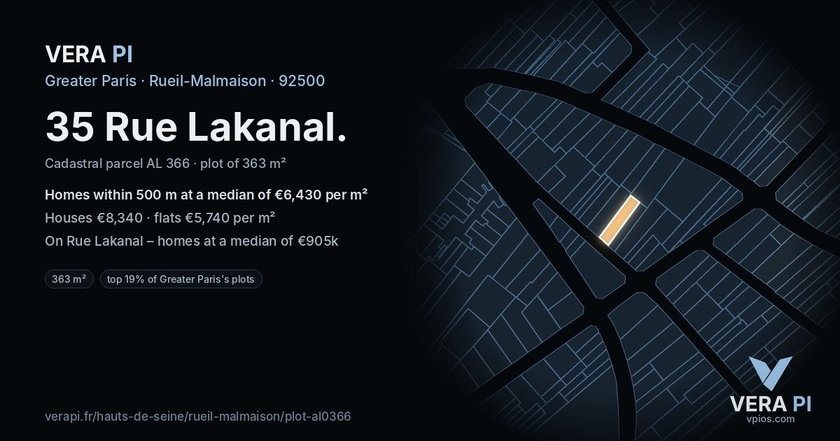 35 Rue Lakanal, Rueil-Malmaison at night – the plot lit, the parcels around coloured by the prices near them
