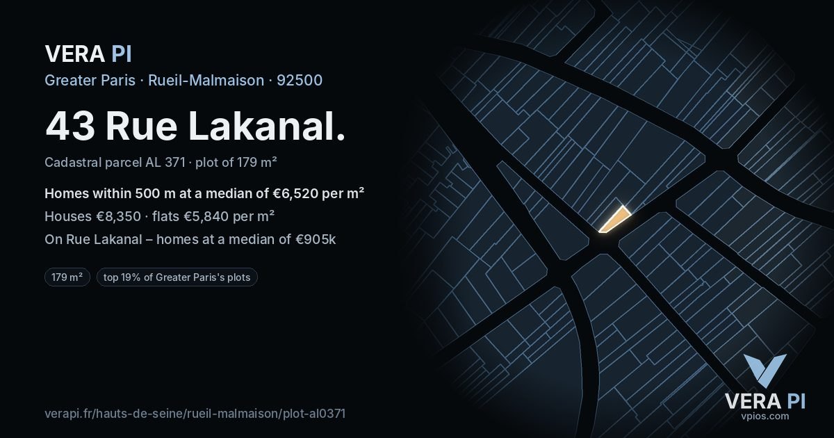 43 Rue Lakanal, Rueil-Malmaison at night – the plot lit, the parcels around coloured by the prices near them