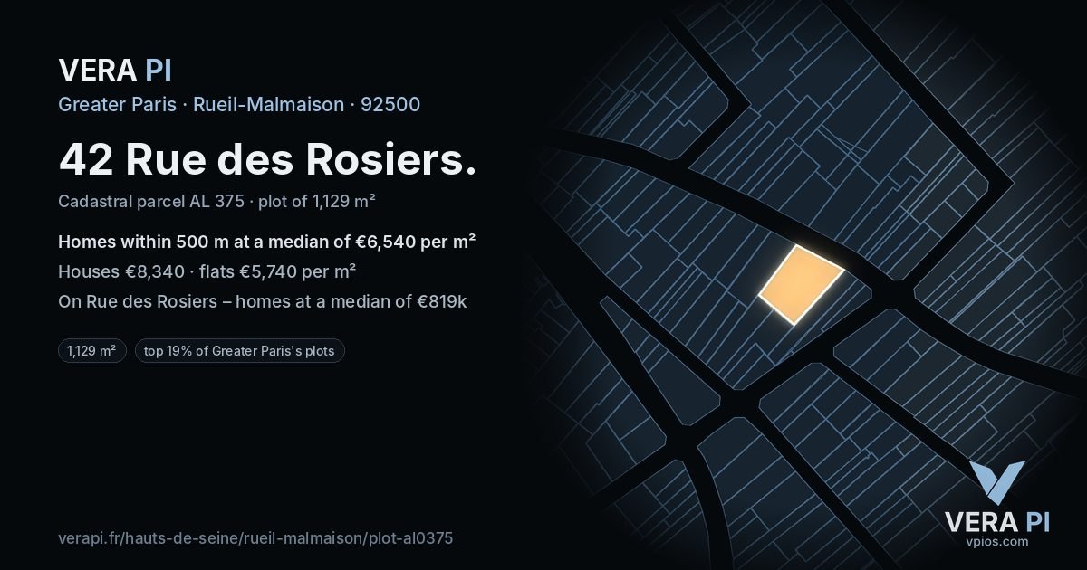42 Rue des Rosiers, Rueil-Malmaison at night – the plot lit, the parcels around coloured by the prices near them