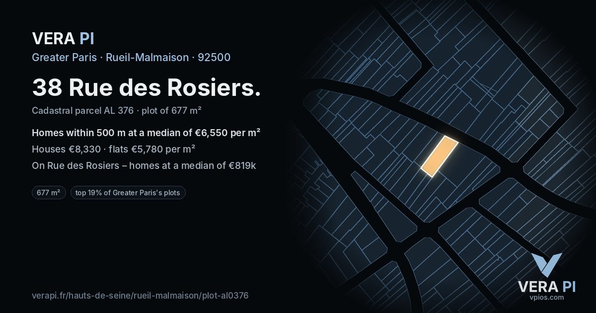 38 Rue des Rosiers, Rueil-Malmaison at night – the plot lit, the parcels around coloured by the prices near them