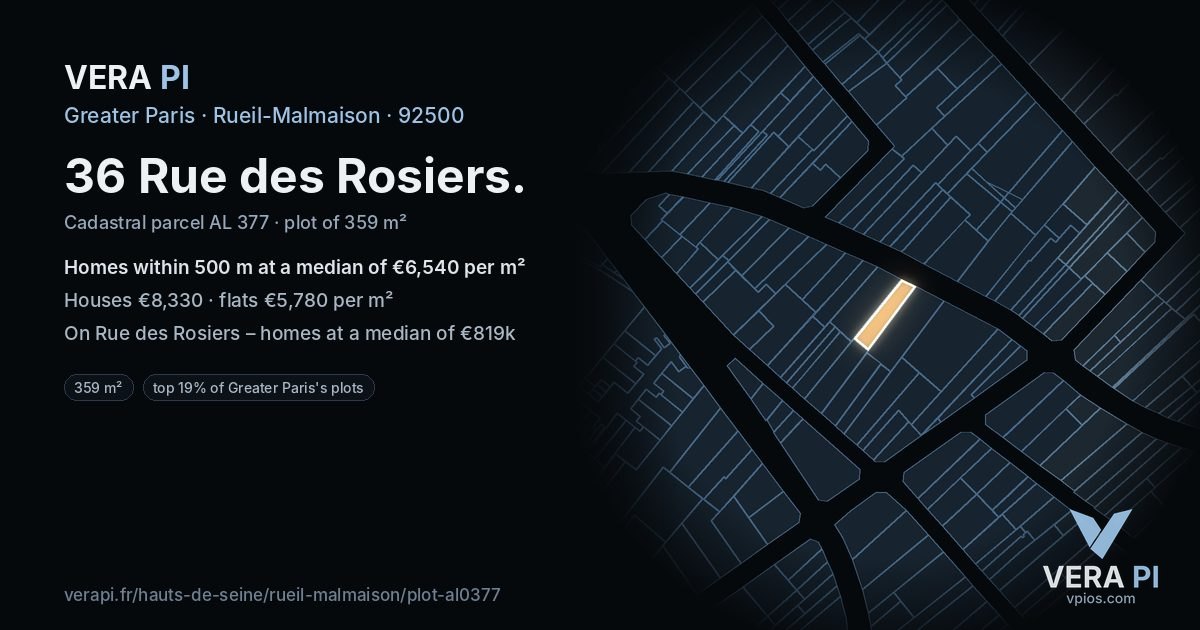 36 Rue des Rosiers, Rueil-Malmaison at night – the plot lit, the parcels around coloured by the prices near them