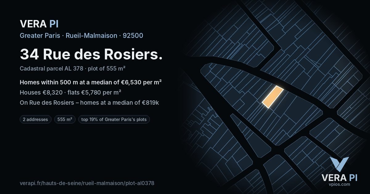 34 Rue des Rosiers, Rueil-Malmaison at night – the plot lit, the parcels around coloured by the prices near them
