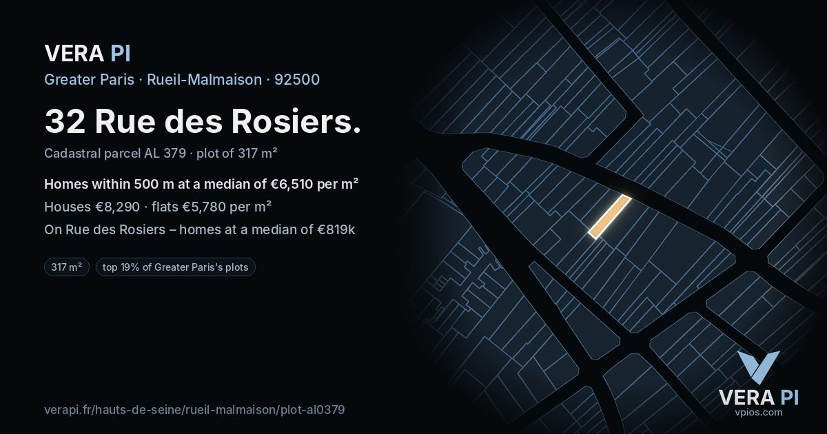 32 Rue des Rosiers, Rueil-Malmaison at night – the plot lit, the parcels around coloured by the prices near them