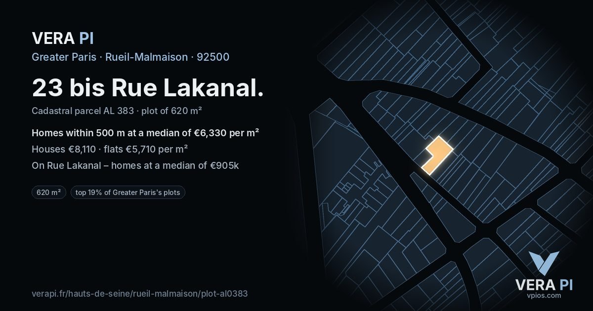 23 bis Rue Lakanal, Rueil-Malmaison at night – the plot lit, the parcels around coloured by the prices near them