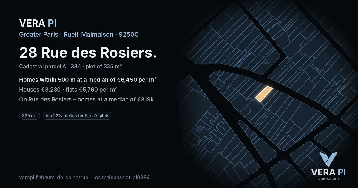 28 Rue des Rosiers, Rueil-Malmaison at night – the plot lit, the parcels around coloured by the prices near them