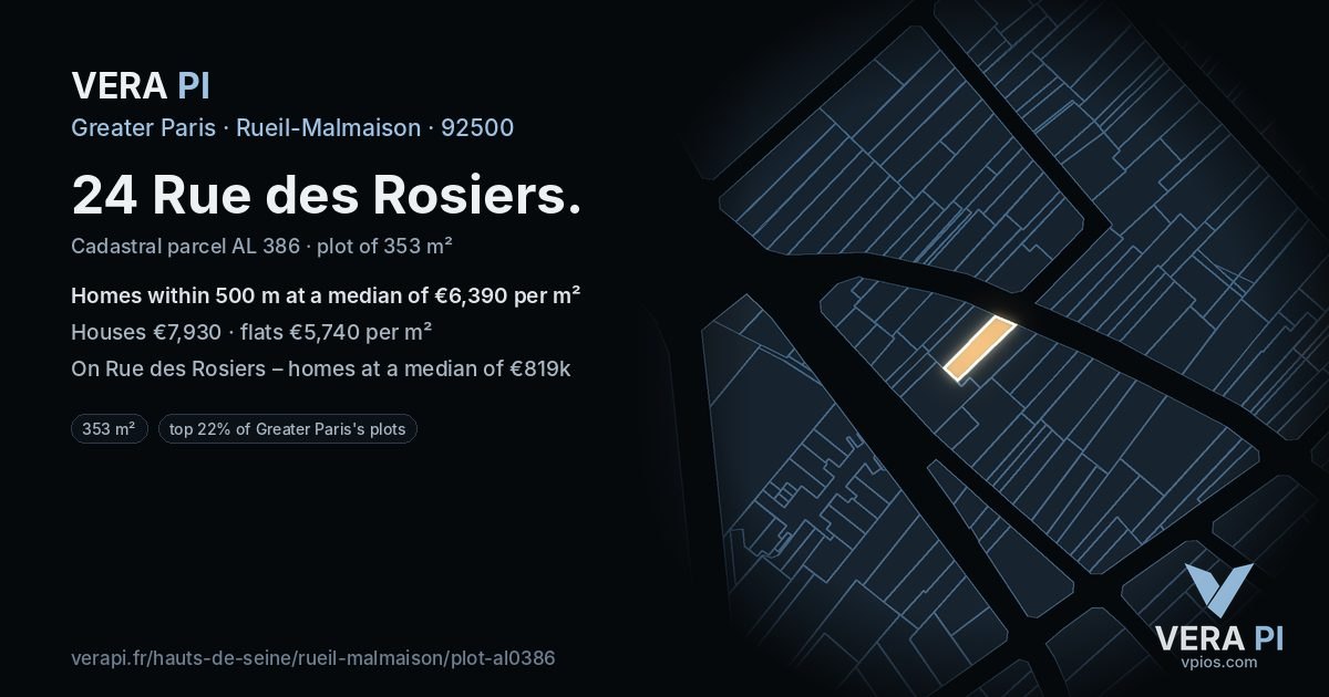 24 Rue des Rosiers, Rueil-Malmaison at night – the plot lit, the parcels around coloured by the prices near them