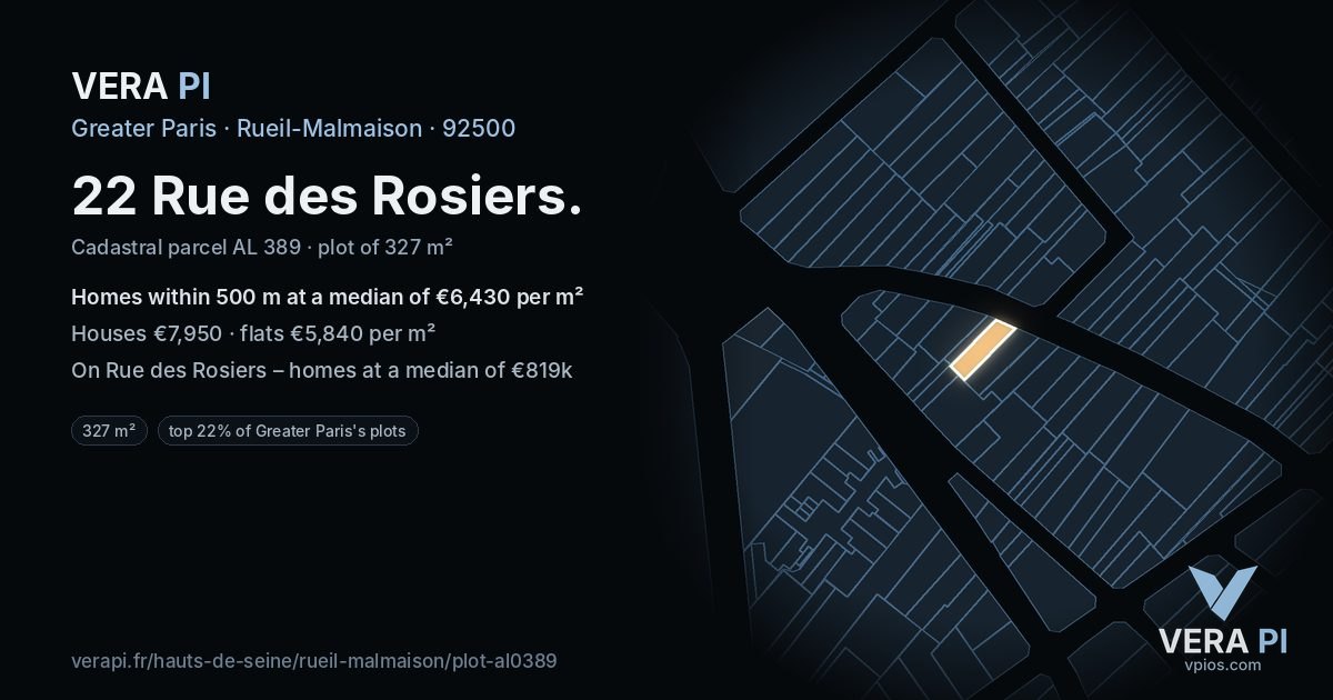 22 Rue des Rosiers, Rueil-Malmaison at night – the plot lit, the parcels around coloured by the prices near them
