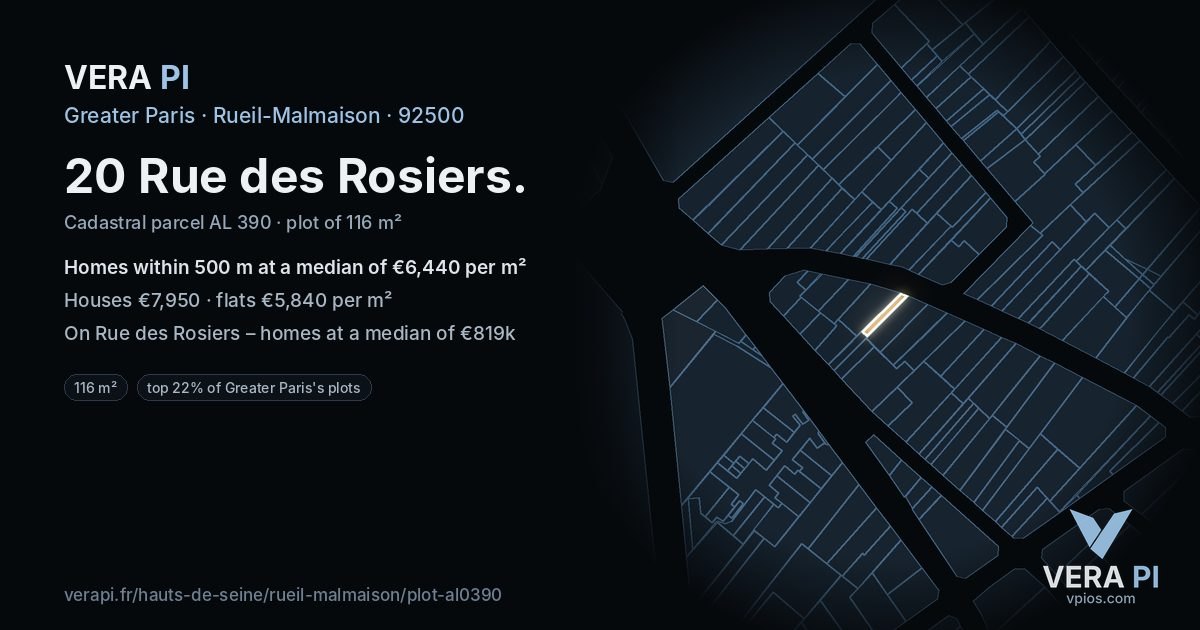 20 Rue des Rosiers, Rueil-Malmaison at night – the plot lit, the parcels around coloured by the prices near them