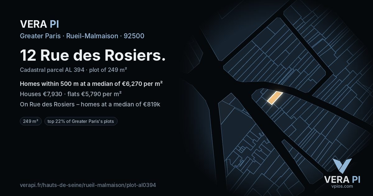 12 Rue des Rosiers, Rueil-Malmaison at night – the plot lit, the parcels around coloured by the prices near them