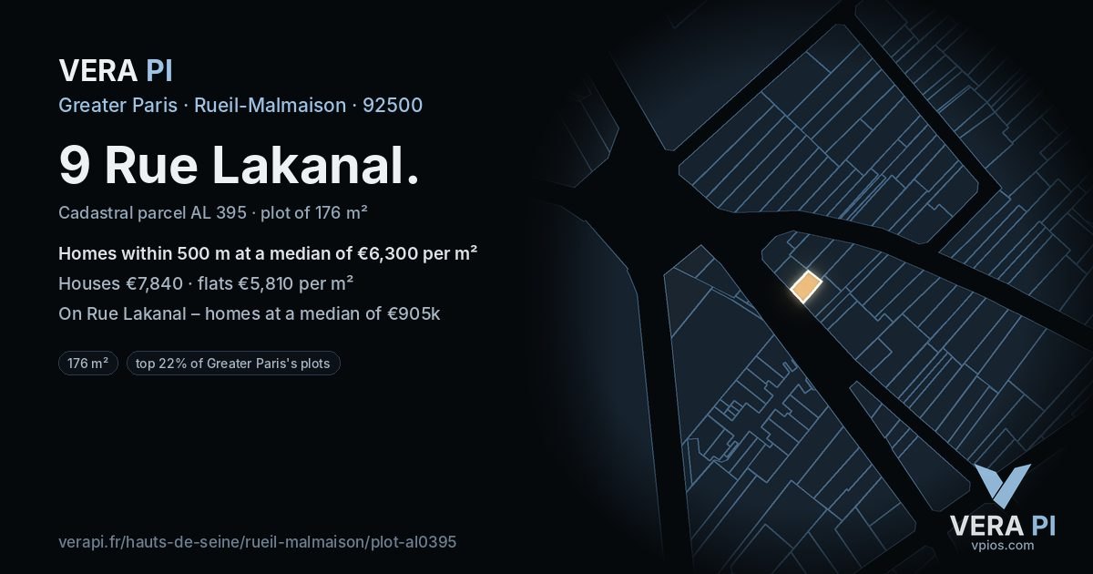 9 Rue Lakanal, Rueil-Malmaison at night – the plot lit, the parcels around coloured by the prices near them